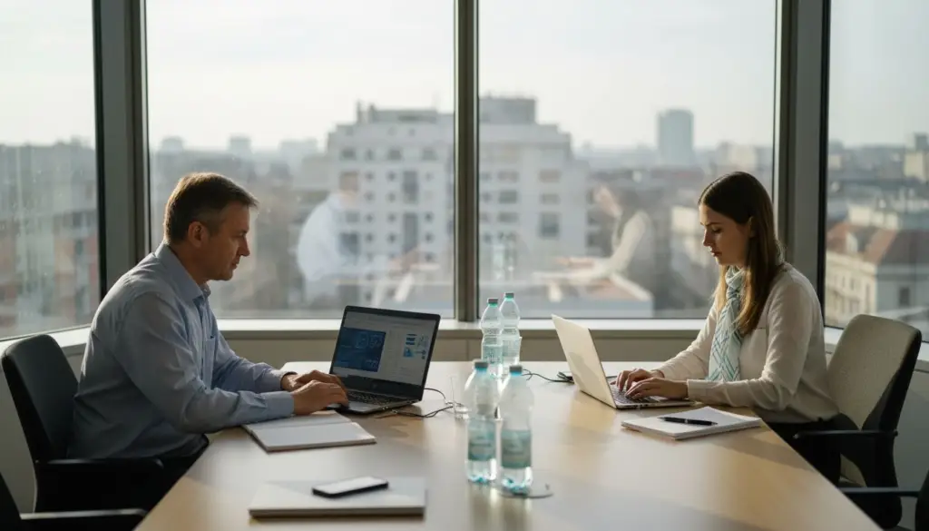 Két ember mesterséges intelligencia tervezéséről egyeztet egy tárgyalóban