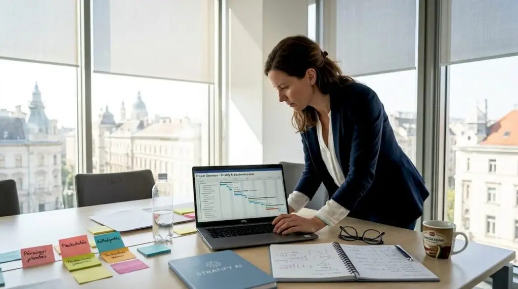 A szakember áttekinti az iroda projekt ütemtervét.