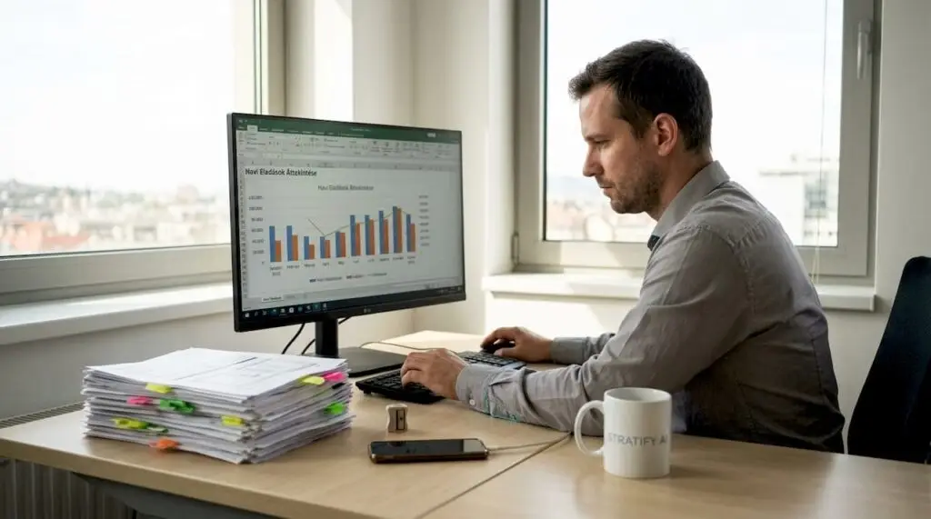 Egy férfi a munkahelyén, az íróasztalánál ülve adatokat jelenít meg vizuális formában.