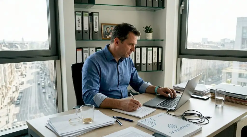 Egy középvállalat vezetője a sarokban lévő irodájában dolgozik.