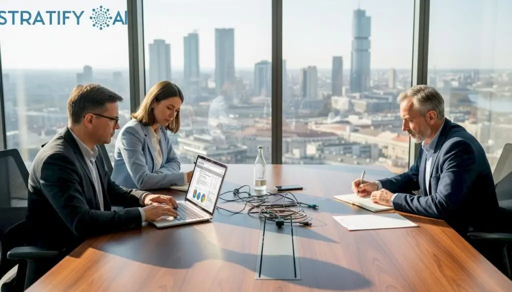 A vállalati csapat éppen közösen elemzi a mesterséges intelligenciával kapcsolatos erőforrások áttekintő felületét.