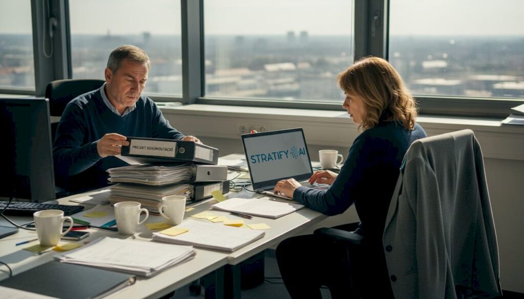 Két munkatárs információ után kutat a nyüzsgő irodában.