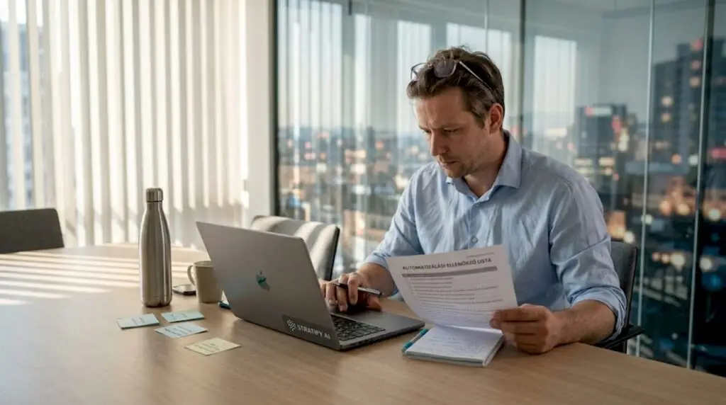 Egy vezető átnézi a nyomtatott automatizálási ellenőrzőlistát a tárgyalóban.