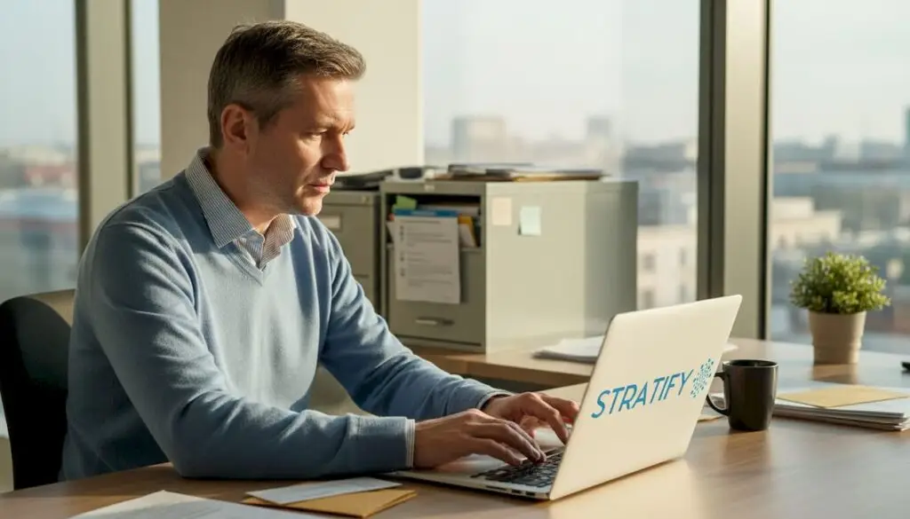 Egy férfi a laptopján mesterséges intelligenciával automatizálja a munkafolyamatokat.