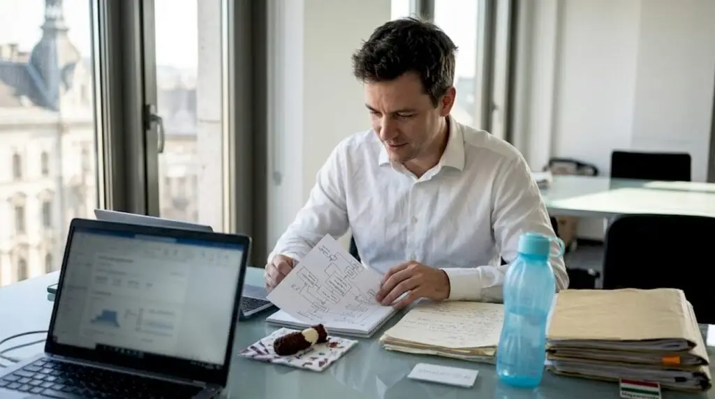 Egy budapesti irodában egy férfi éppen az AI-munkafolyamatot elemzi, áttekinti a részleteket és finomhangolja a rendszert.