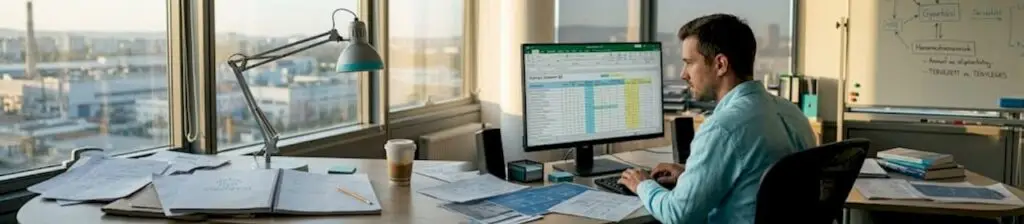 Egy gyártó cég tervezője az irodában végzi a munkáját.