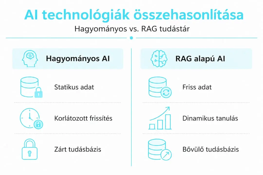 Infografika: hagyományos mesterséges intelligencia és RAG technológia összehasonlítása