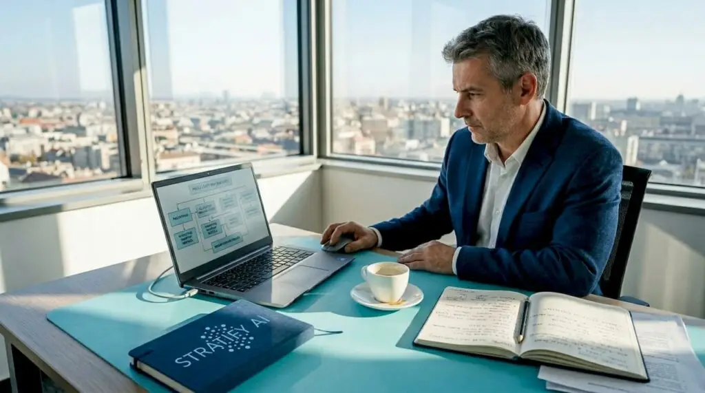 Egy tanácsadó mesterséges intelligencia alapú digitalizációs projekteken dolgozik egy irodai környezetben.