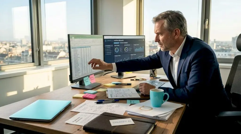Egy férfi üzleti intelligencia dashboardot állít be a számítógépén.