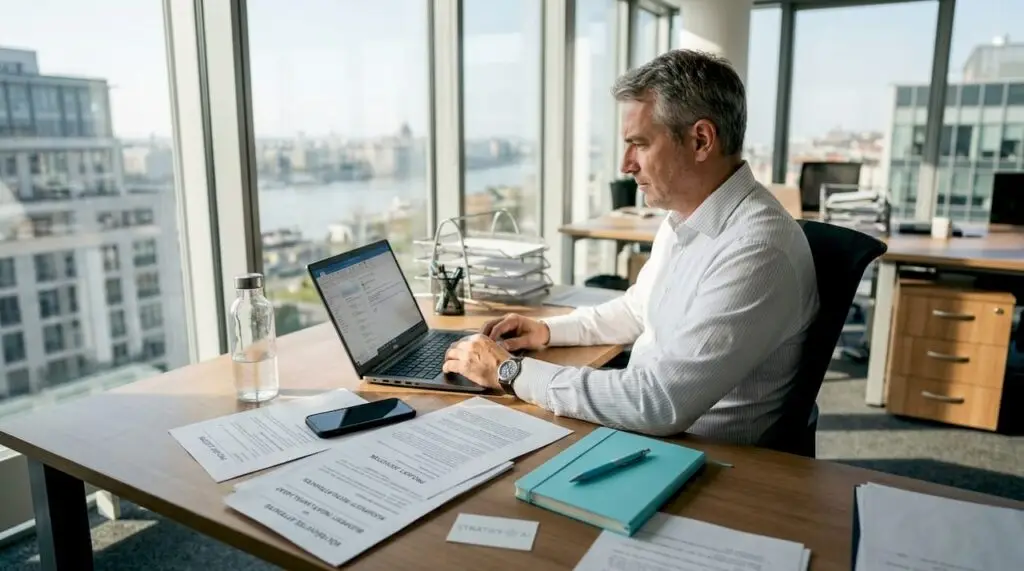 Egy projektmenedzser épp mesterséges intelligencia bevezetésén dolgozik a laptopján.