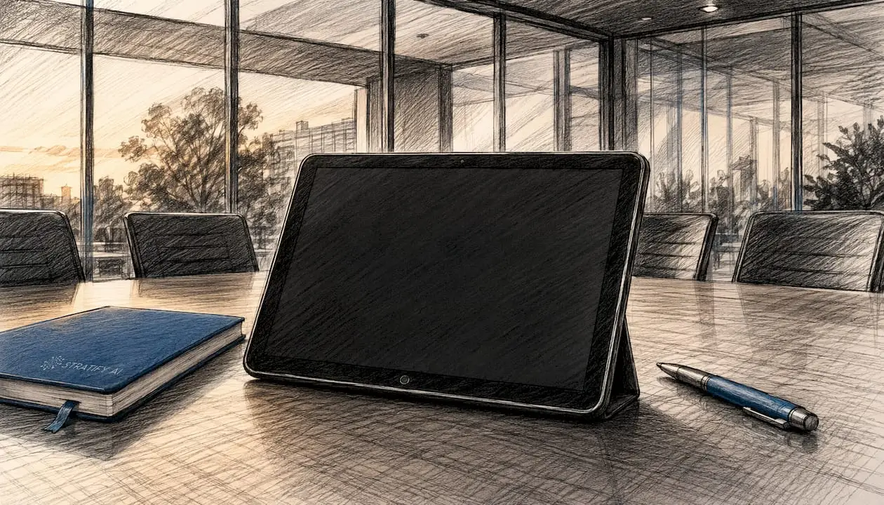 Egy irodai asztalon oldalról fényképezett tablet és jegyzetek láthatók.