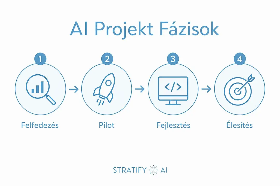 AI projektek megvalósításának főbb lépéseit bemutató infografika