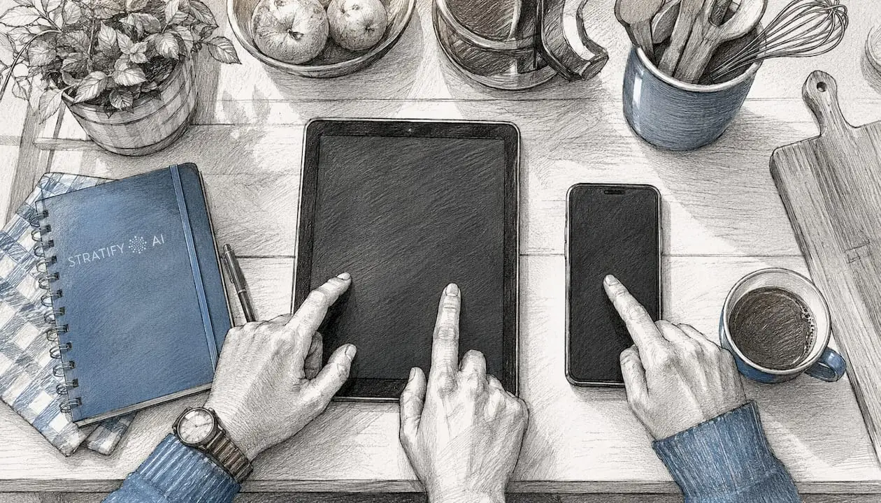 Közelről láthatjuk, ahogy kezek digitális eszközöket használnak.