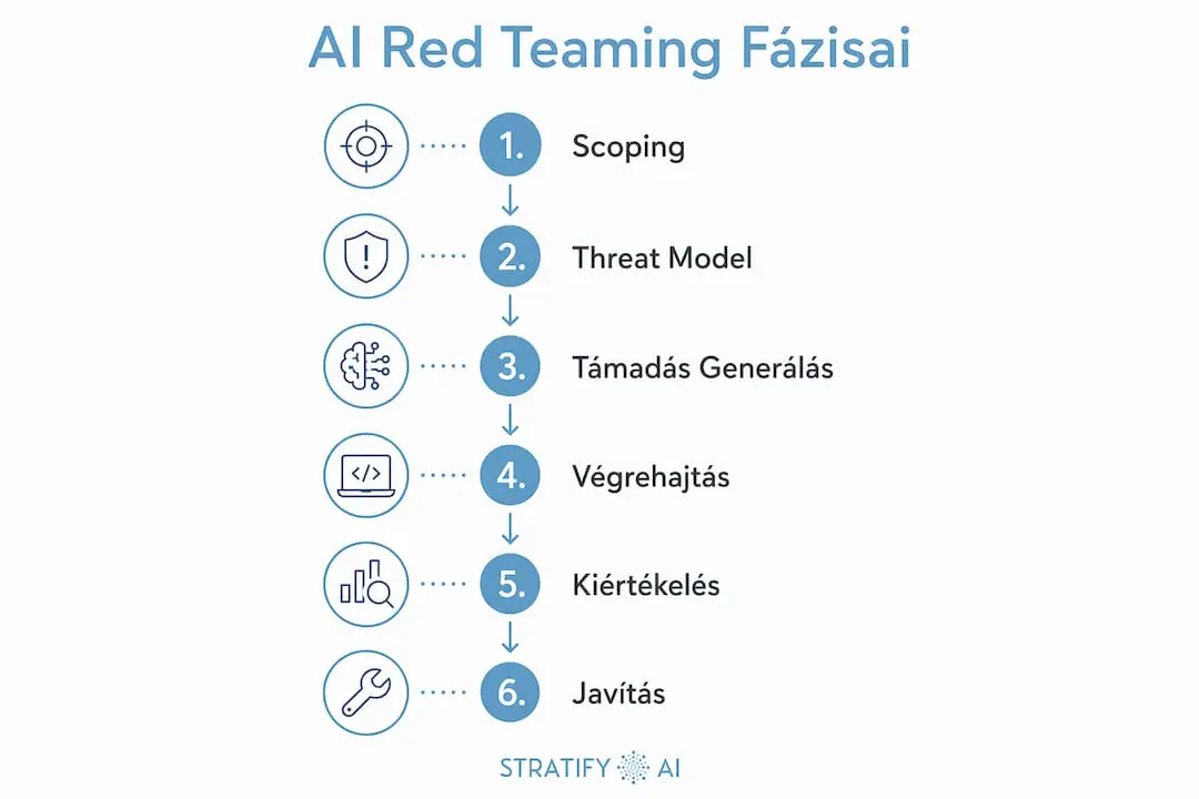 Az AI red teaming folyamat lépéseit bemutató infografika