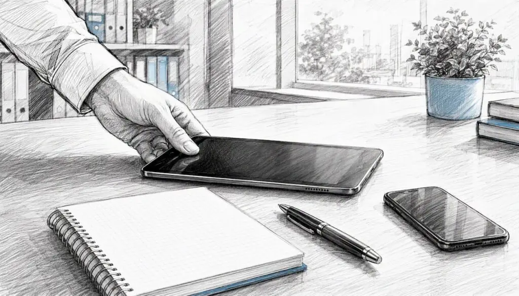 Egy irodaasztalon fekvő tablet és megfelelőségi dokumentumok