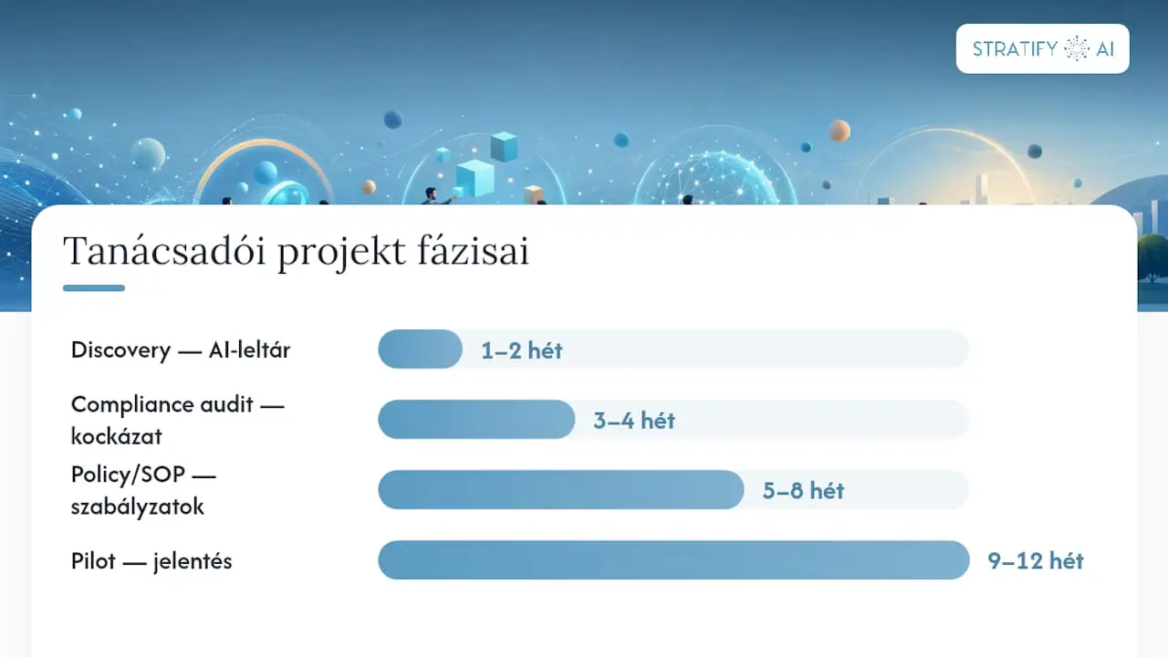 Az AI megfelelőségi projekt főbb szakaszai és a kapcsolódó eredmények időbeli ütemezése