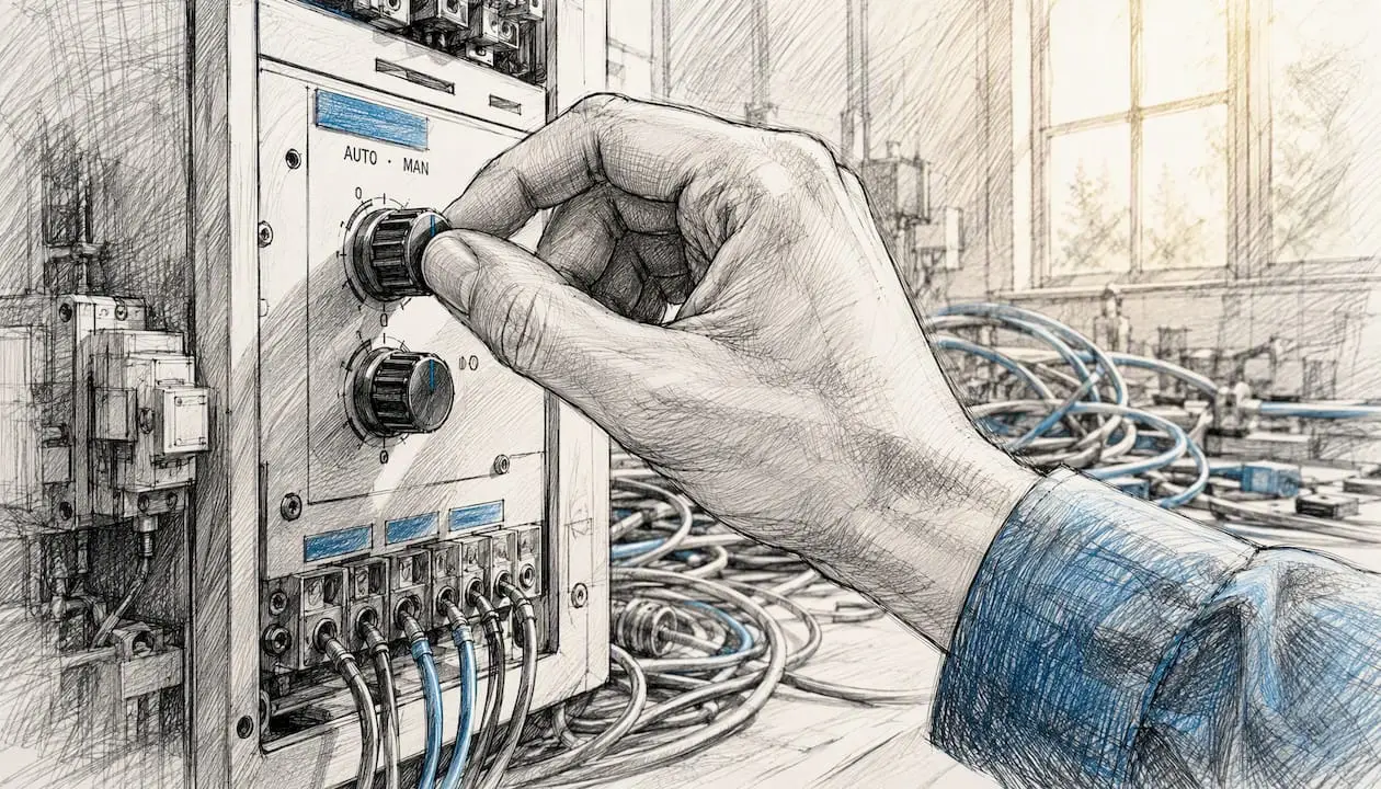 Egy kéz éppen tekergeti a vezérlőpanel kapcsolóját.