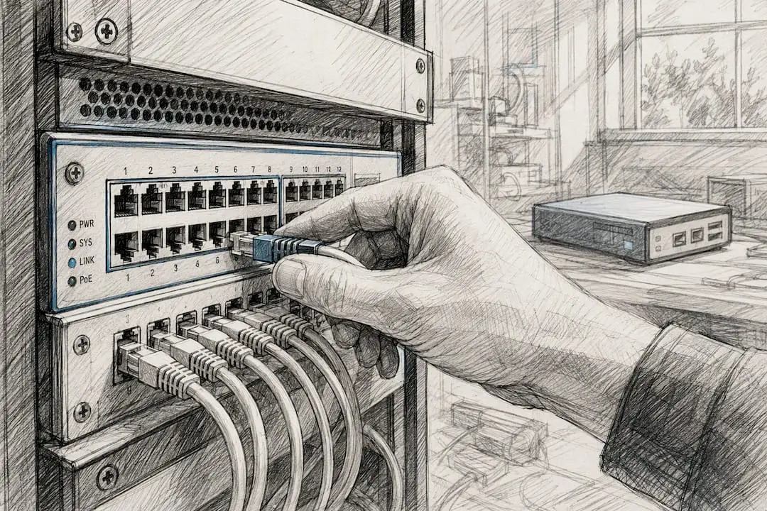 Kéz állít be egy hálózati switchet AI integrációhoz