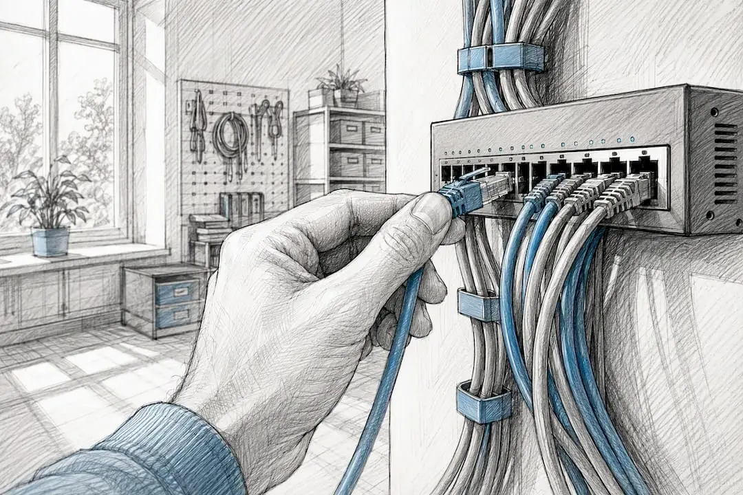 Kéz dug be ethernet kábelt a patch panelbe