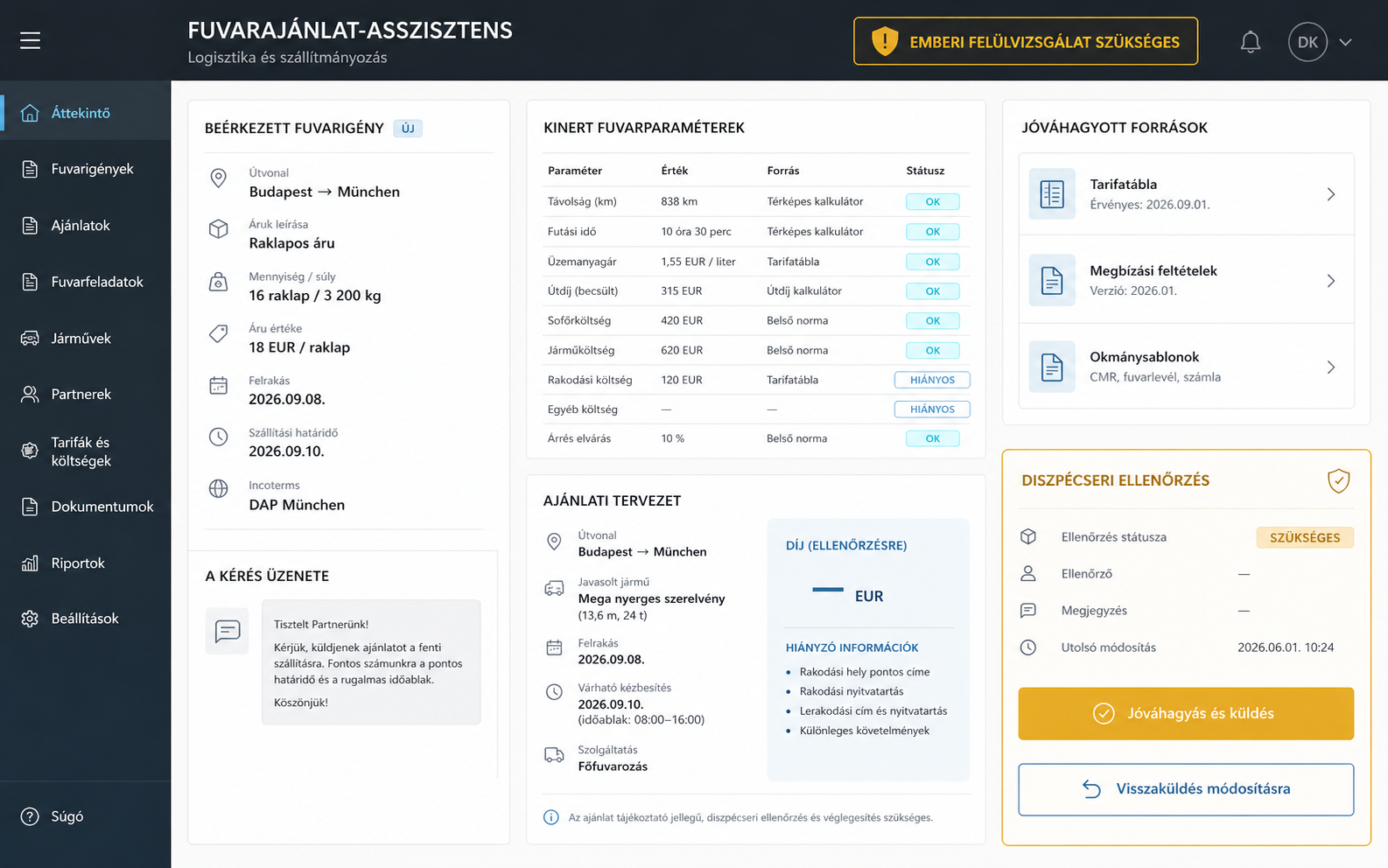Fuvarajánlat- és fuvarokmány-asszisztens illusztratív koncepcióképernyője.