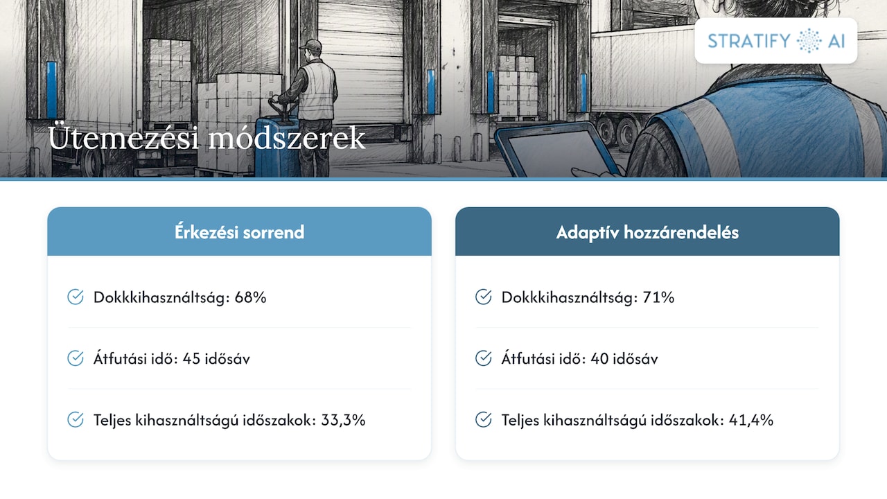 Adaptív dokkütemezés három mutatójának összehasonlítása