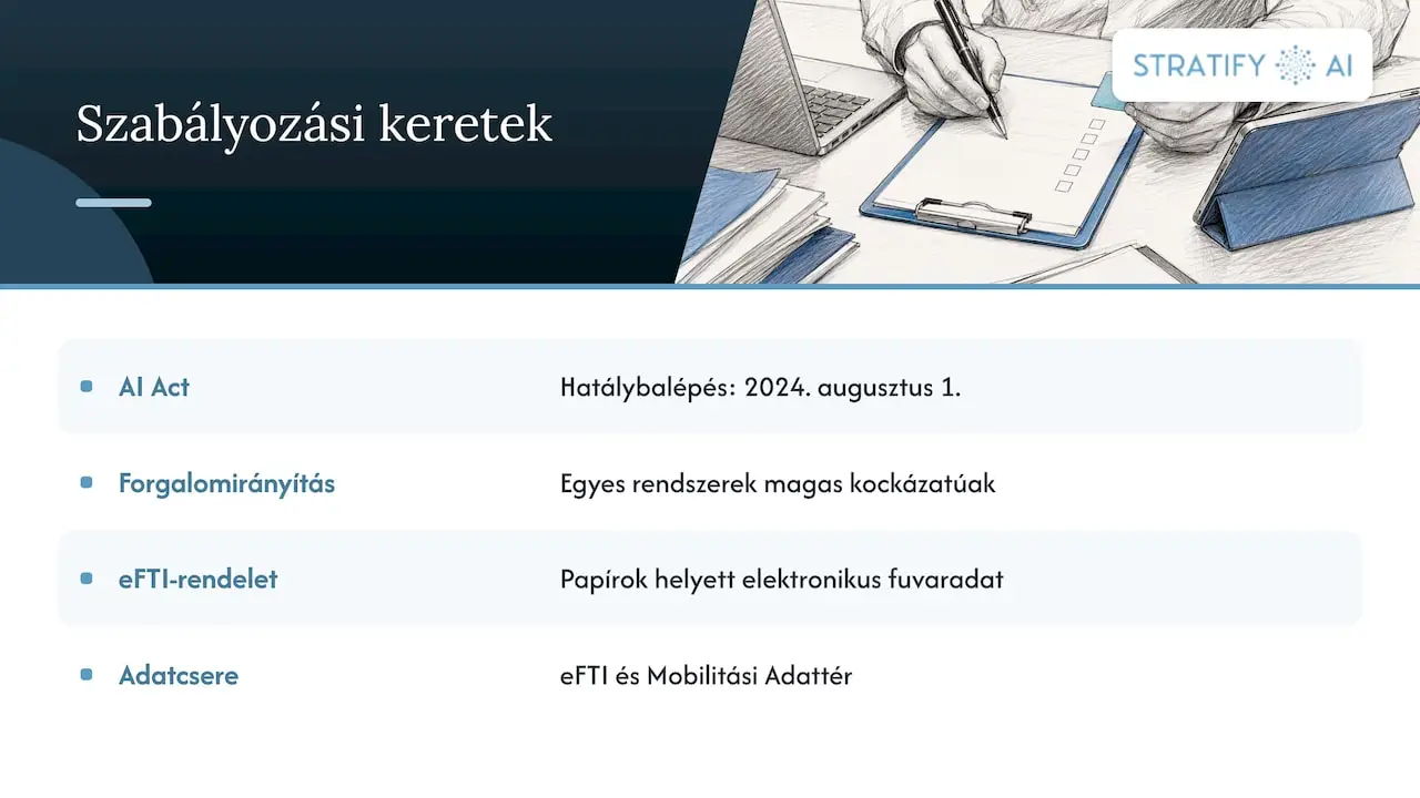 Szabályozás: AI Act, eFTI és adatcsere — overview diagram